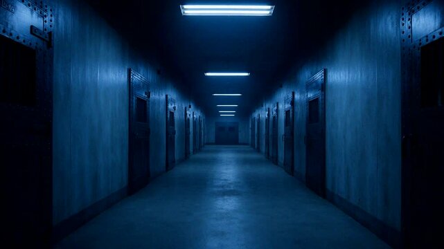 A dark, eerie corridor with blue lighting evokes feelings of isolation and mystery.