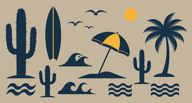 Desert beach scene with cacti palm trees and seagulls under a sun