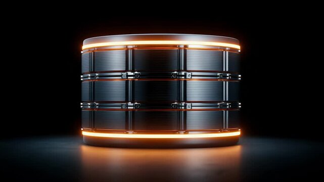 Stack of metal oil drums with orange neon rings, set against a dark background; industrial product shot highlighting texture and symmetry