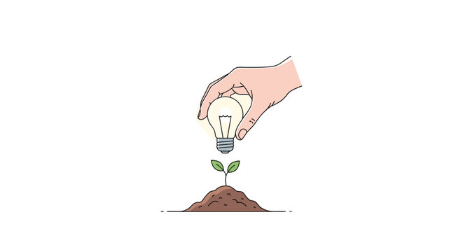 A hand holds an illuminated lightbulb over a small green seedling growing from a mound of soil.