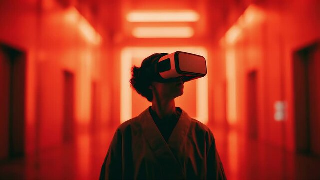 Person wearing a VR headset stands in a neon red corridor; moody lighting, futuristic vibe, and bold reflections create a cyberpunk-inspired portrait.
