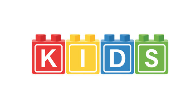 Four colorful toy blocks spelling KIDS are arranged horizontally on a white background.