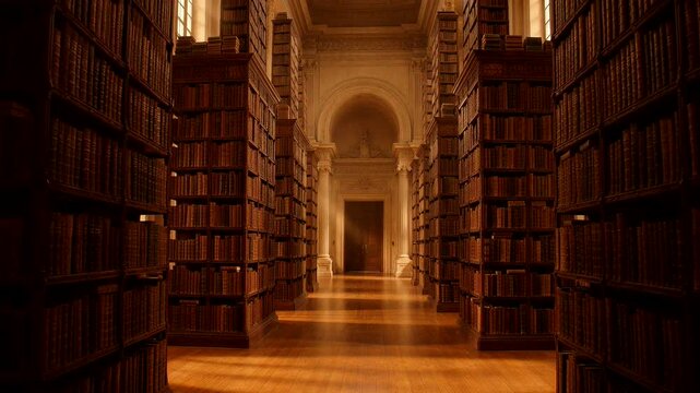 Elegant library interior with tall bookshelves and warm lighting creates a scholarly atmosphere.