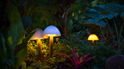 Fototapeta premium Enchanting glowing mushroom lamps illuminate a magical, lush green garden at night, creating an ethereal and whimsical atmosphere with soft, vibrant light