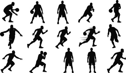 Basketball player silhouettes set featuring dribbling running shooting and standing poses isolated on white background dynamic sports vector illustration © boishakhisarker