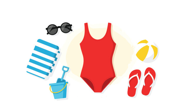 A red swimsuit, sunglasses, a striped towel, a sand bucket, a beach ball, and flip-flops are arranged on a white background.
