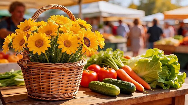 Fresh organic vegetables and vibrant yellow daisies in a woven basket at a sunny farmers market &mdash; healthy eating, seasonal produce, rustic lifestyle