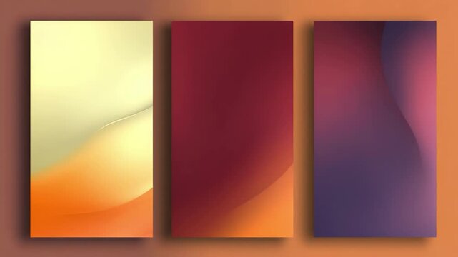 Triptych abstract panels with soft gradient curves in orange, yellow, and purple tones; mounted on an orange wall, they create a modern minimalist decorative composition with gentle shadows