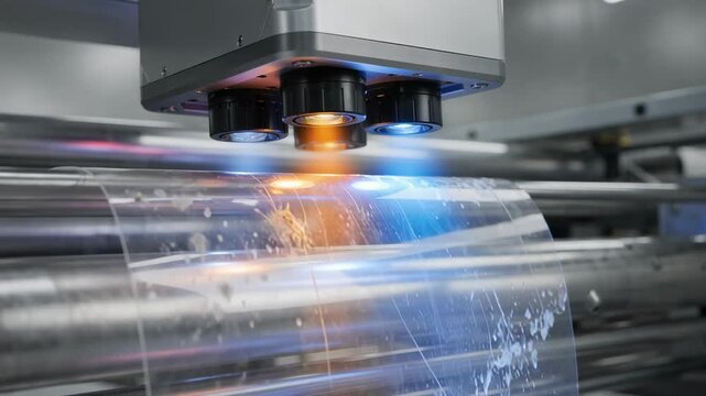 Medium shot of a multispectral automated inspection camera analyzing film defects like gels and inconsistencies using multiple wavelengths for enhanced detection accuracy.