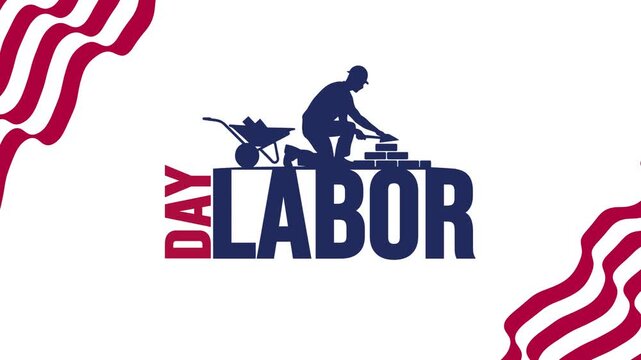 Labor Day construction worker builder with bricks silhouette American flag celebration white background
