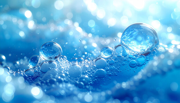 ヒアルロン酸と潤いをイメージした青い水泡の3Dビジュアル、みずみずしい保湿スキンケアを表現する美容背景 Blue watery bubbles 3D visual inspired by hyaluronic acid and hydration, beauty background expressing fresh moisturizing skincare