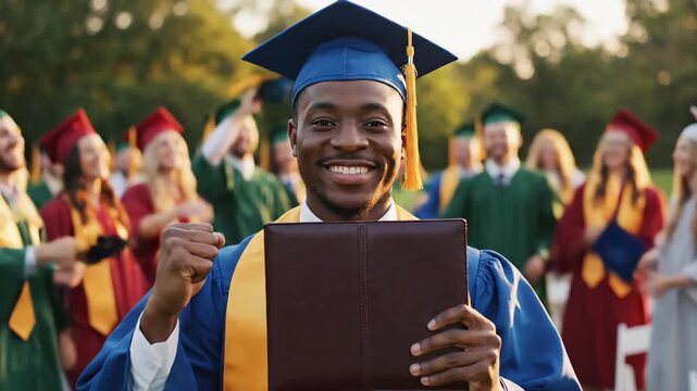 Black male graduate smiling with diploma at outdoor ceremony