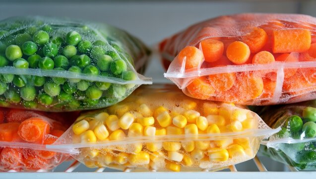 Organized Frozen Essentials: A Vibrant Close-up of Neatly Stacked Transparent Bags Brimming with Perfectly Preserved Peas Sliced Carrots and Sweet Corn Kernels on a Freezer Shelf Highlighting Practica