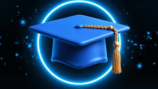 Blue graduation cap with glowing neon arc on dark background