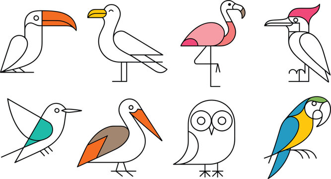 Colorful geometric bird vector set, modern abstract flying swallows, vibrant mosaic style nature design element