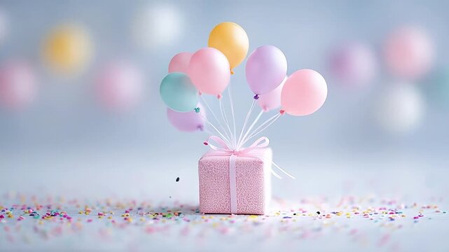 Colorful balloons tied to gift box surrounded by confetti on light background