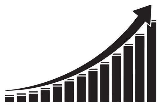 Black bar chart graph with arrow pointing upwards showing growth trend analysis