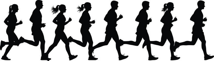 Fototapeta premium Running people silhouettes set showing men and women jogging in continuous motion, dynamic fitness activity sequence isolated on white background concept