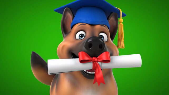 Cartoon German Shepherd dog in graduation cap holding diploma