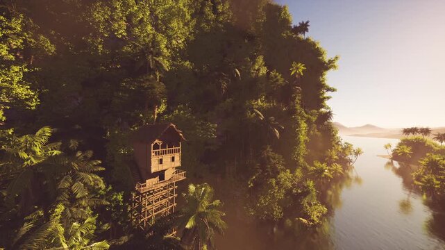 Vintage wooden hideout tucked among branches, playful atmosphere with dappled sunlight and leaves, handcrafted fort evoking childhood imagination and quiet