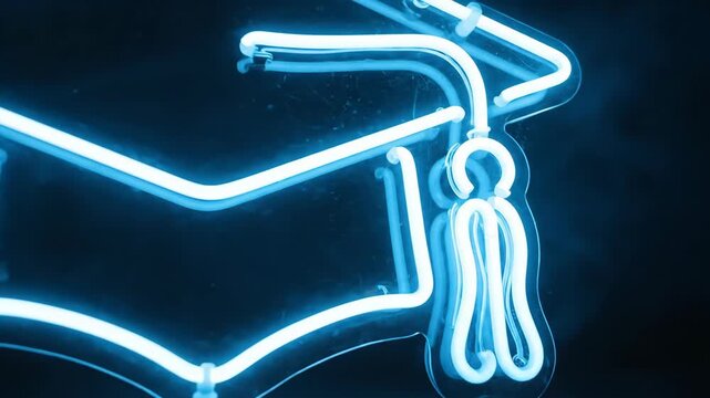 Bright blue neon graduation cap sign glowing on dark background