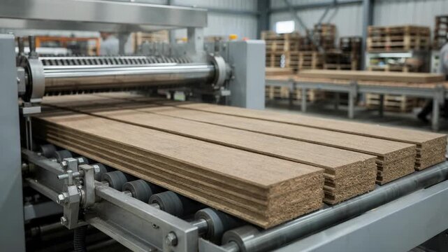 Medium shot of a production line crafting woodplastic blend profiles highlighting ecofriendly composite materials and sustainable manufacturing processes.
