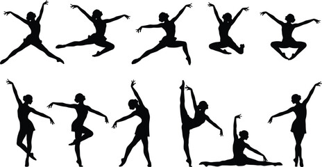 Set of ballet dancer silhouettes performing elegant jumps poses and movements isolated on white background for dance and artistic design use © urmilarani