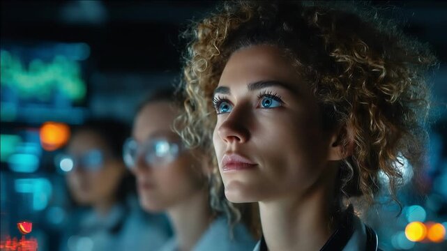 Close-up of a woman with curly hair and blue eyes, gazing upward in a neon-lit lab or futuristic city; blurred colleagues with goggles in the background create a high-tech, cinematic vibe