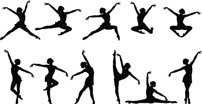 Set of ballet dancer silhouettes performing elegant jumps poses and movements isolated on white background for dance and artistic design use