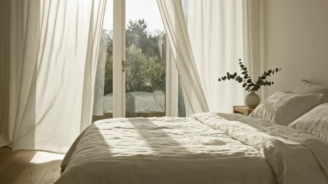 Sunlit minimalist bedroom interior with white linen bedding, sheer curtains gently blowing over glass doors, wooden floor and bedside table with eucalyptus vase &mdash; calm morning lifestyle footage for re
