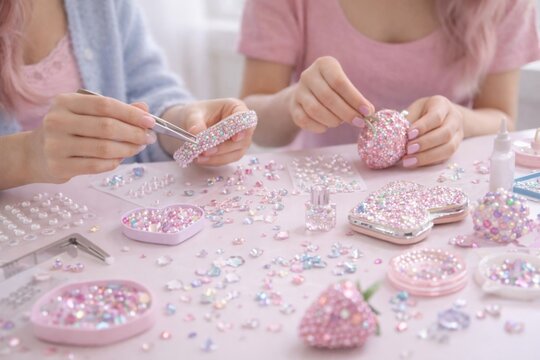 Women decorating crystalcore rhinestones on accessories in pastel setting