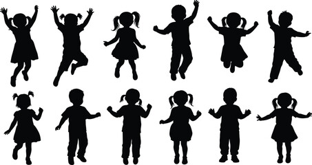 Fototapeta premium Set of children silhouettes jumping and playing in joyful poses isolated on white background for kids activity and fun design use