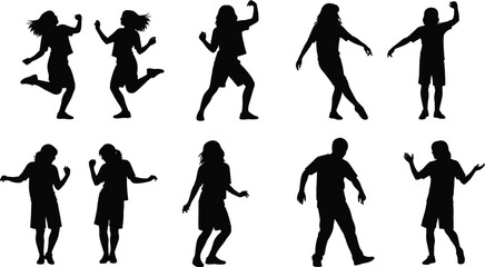 Fototapeta premium Set of dancing people silhouettes showing energetic party moves and fun poses isolated on white background for entertainment and celebration design use