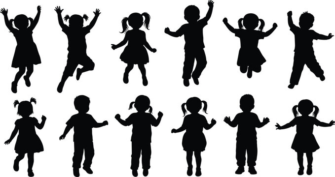 Set of children silhouettes jumping and playing in joyful poses isolated on white background for kids activity and fun design use