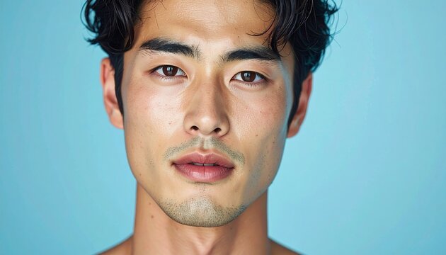メンズスキンケアイメージ, 薄水色背景, 自然な肌ツヤの日本人男性, Men's skincare image, light blue background, natural skin glow Japanese male
