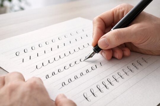 Handwriting improvement with fountain pen on lined paper, close-up, background