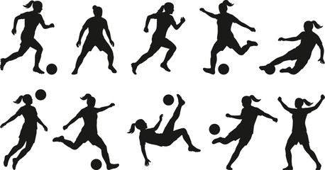 Obraz premium Set of female soccer player silhouettes performing dribbling, kicking and jumping actions, football sport figures isolated on white background