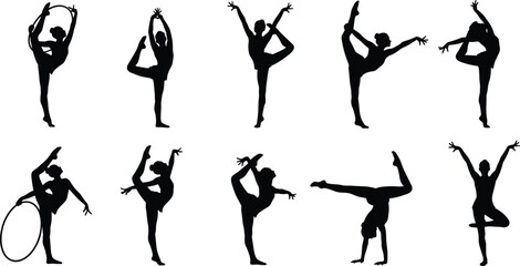 Fototapeta premium Set of flexible female dancer silhouettes performing gymnastic and yoga poses isolated on white background for fitness and artistic design useSet of flexible female dancer silhouettes performing 