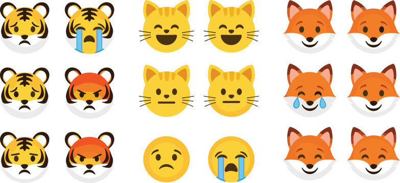 Cute Animal Emoticons Vector Set Featuring Tiger Cat and Fox Faces with Various Happy Sad and Angry Expressions.