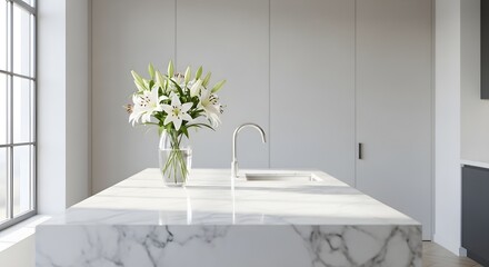 Fototapeta premium Modern kitchen interior with marble countertop and white lilies bouquet