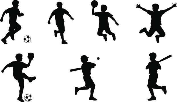 Set of kids sports silhouettes playing soccer baseball and basketball in dynamic action poses isolated on white background for activity design use
