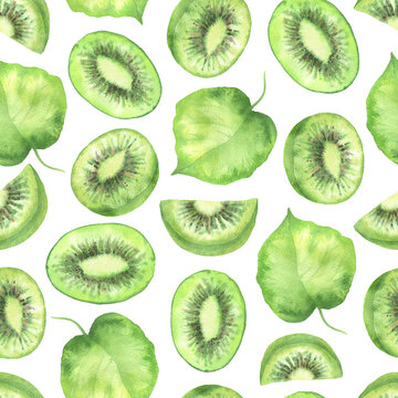 Seamless pattern of kiwi slices and leaves