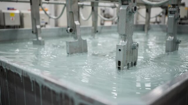 Medium shot showing dip tanks filled with rust prevention solution as metal parts are submerged emphasizing protective coating application in factory environment.