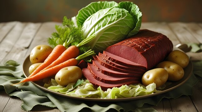 a traditional homemade corned beef and cabbage dish, featuring tender slices of corned beef, crisp green cabbage leaves, and an assortment of carrots and potatoes