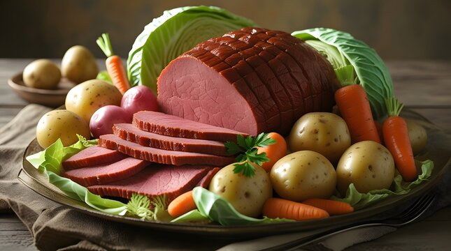 a traditional homemade corned beef and cabbage dish, featuring tender slices of corned beef, crisp green cabbage leaves, and an assortment of carrots and potatoes