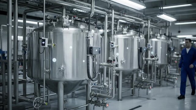 Medium shot focusing on smart factory environment with mixing tanks equipped with IoT sensors transmitting continuous realtime data for process optimization.