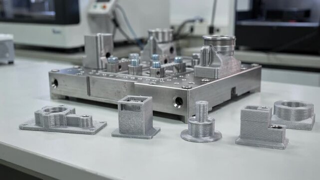 Medium shot of test die insert with 3Dprinted prototype components highlighting rapid design iteration capabilities in additive manufacturing workflows.