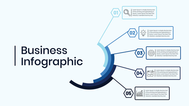 Business infographic template with 5 options or steps and icons, blue color palette, on light blue background