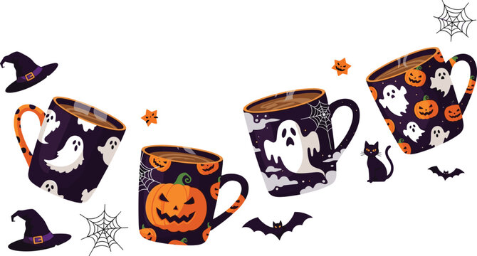 Halloween coffee mug vector set featuring spooky ghost and pumpkin patterns with witch hats bats and spider web elements for seasonal autumn designs