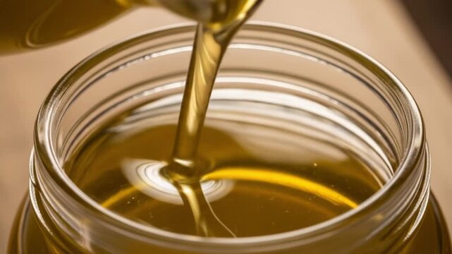 Golden Liquid Oil Stream Poured into Glass Jar with Reflective Surface